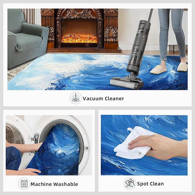 Japanese Ocean Rugs for Bedroom - 4x6 Area Rug - Ukiyo-E Ocean Waves Rugs for Living Room, Abstract Oil Painting Ocean Rug, Washable Home Decor Carpet