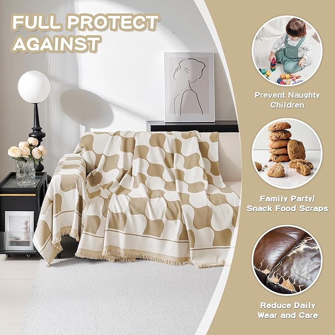 MEETSKY Couch Cover Modern Khaki White Plaid Jacquard Sofa Slipcover U Shape Sofa Protector for 3 Cushion Couch Sofa, Chenille Sofa Couch Coverfor Dogs Kids, 91" X134", Khaki Checkerboard