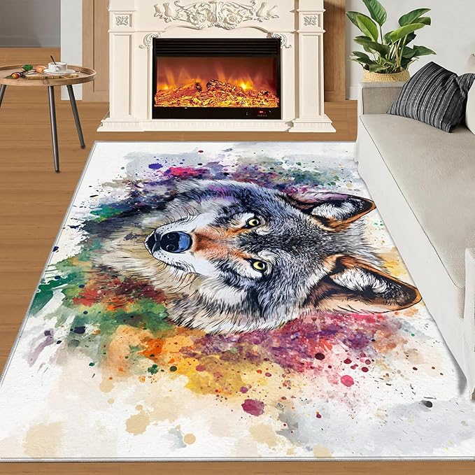 Wolf Rugs for Bedroom - 4x5 Area Rug - Graffiti Wolf Rugs for Living Room, Abstract 3D Animal Graffiti Rug, Washable Home Decor Carpet