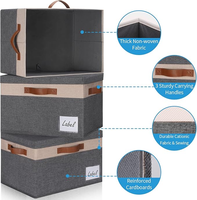 GhvyenntteS Large Storage Bins with Lids 6 Pack, Large Closet Storage Bin with Lid and 3 PU Handles, Foldable Fabric Storage Boxes with Label Window for Home Office (Beige, 15" x 11" x 9.7")