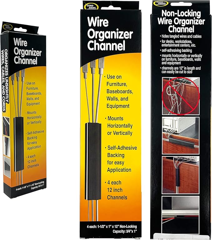 Electriduct Small J Channel Cable Raceway Self Adhesive Desk Cord Organizer and Wire Manager for Computer, Gaming and Entertainment Centers Kit - Metallic - (4) x 12" Piece Kit - 6 Pack