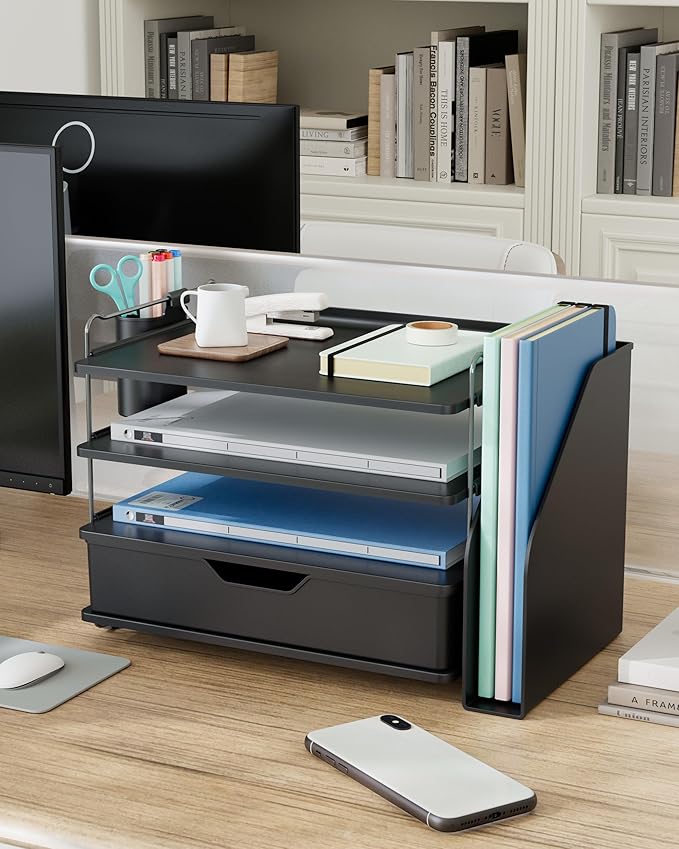 Kitsure Desk Organizer - 4-Tier Office Desk Accessories with Drawer ＆ Pen Holder, Tool-Free Assembly Organizer with Non-Slip Pads, for Office Supplies Storage, Plastic, 13.3" x 8.0" x 10.8", Black