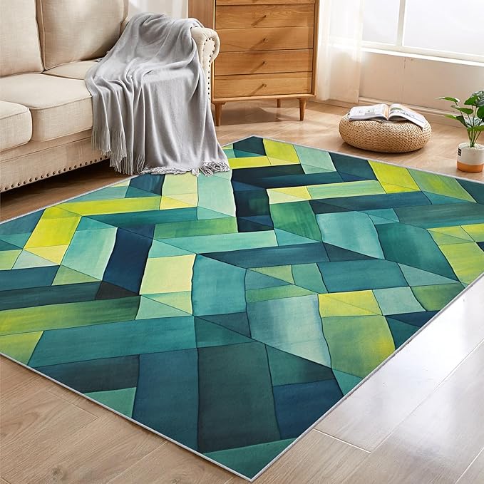 2x3 Geometric Zigzag Throw Rugs for Entryway, Washable Green Chevron Pattern Indoor Door Mat, Bedroom Kitchen Entrance, Non Slip Soft Thin, Modern Abstract Decor Small Area Rug PF-P 49