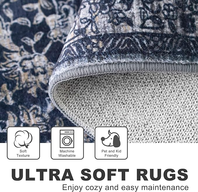 KILOCOCO Moroccan Small Area Rug 2x3 Entryway Rugs Printed Vintage Floral Washable Rug Non-Slip Kitchen Rug Indoor Door Mat, Accent Throw Small Rugs for Laundry Room Bedroom Entrance, Navy/Charcoal