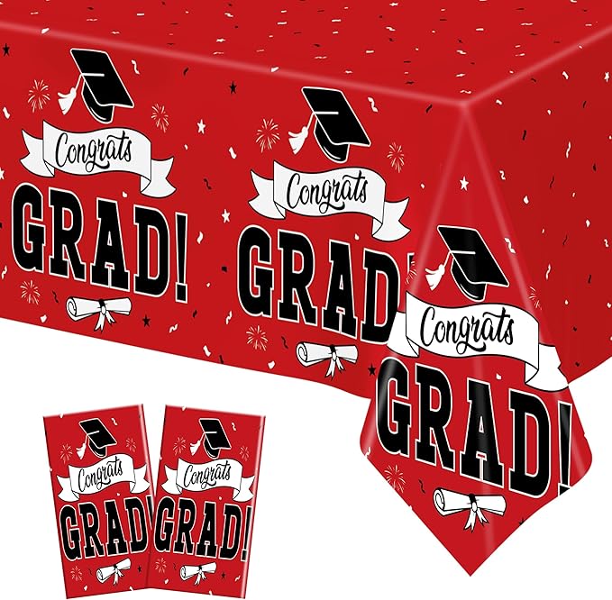 2 PCS Graduation Tablecloth, 108" X 54" Red Graduation Table Decorations 2026, Disposable Plastic Tablecover for Grad Decor Party Supplies, Rectangle Table Cloths for Class 2026 Congrats Grad for kids