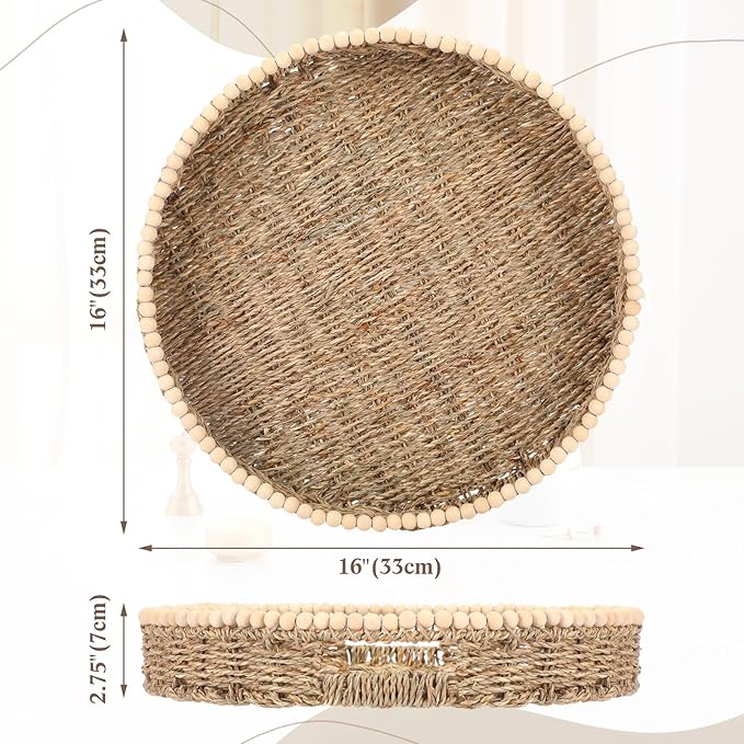 Round Wicker Tray 16'' Large Seagrass Tray Decor with Wooden Beads and Handles, Woven Dining Room Decor for Kitchen Counter, Living Room, Bedroom (Seagrass)