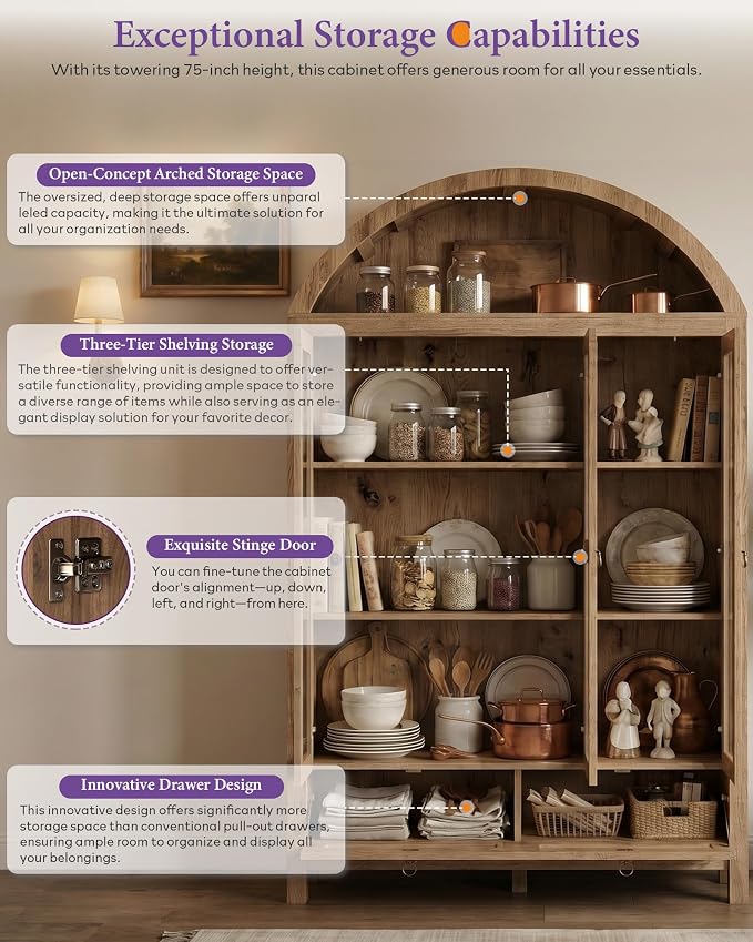 TYBOATLE 75'' Arched Cabinet Classic Farmhouse Design w/Three Glass Doors