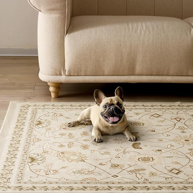 EVERGRACE Hallyway Area Runner Rugs 2x6, Boho Floral Faux Wool Indoor Outdoor Rugs, Washable Rugs for Bedroom Bathroom Living Room Kitchen, Low Pile Floor Mat Carpet for Home Decor, Natural Beige