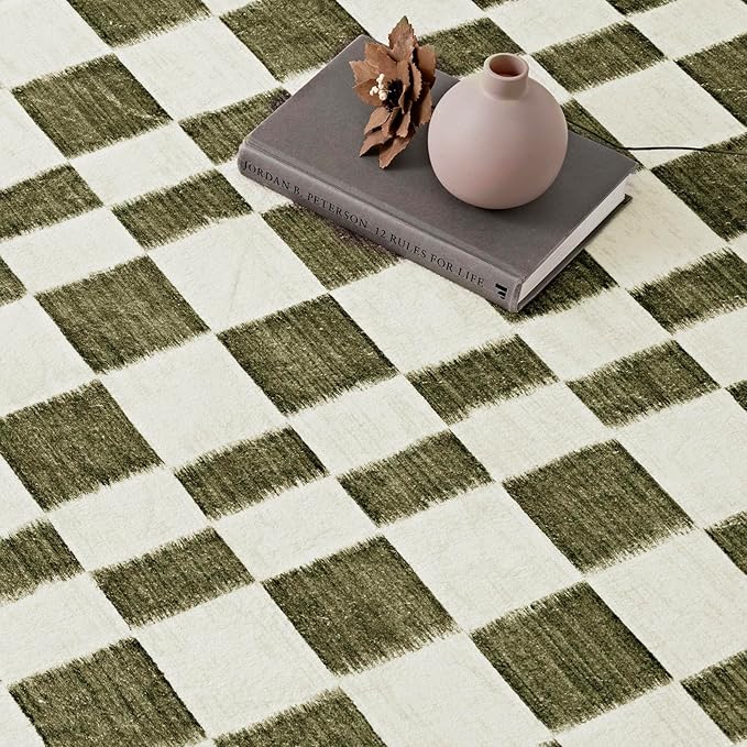 EVERGRACE Checkered Plaid Area Rug 4x6, Soft Fuzzy Faux Wool Rugs Washable Anti Slip Rugs Large Rug Carpet for Entryway Bedroom Living Room Hallway Kitchen Dining Room and Laundry Room, Olive Green