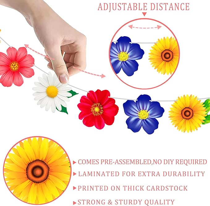 2pcs Colorful Daisy Flower Garland Banner, Spring Summer Floral Bunting Hanging Decor for Birthday Baby Shower Wedding Garden Tea Pool Party Supplies