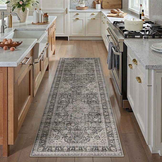 2x6 Washable Vintage Runner Rug Black Grey Hallway Kitchen Carpet Non-Slip Soft Low Pile Distressed Throw Rug for Bedroom Bathroom Laundry Living Room