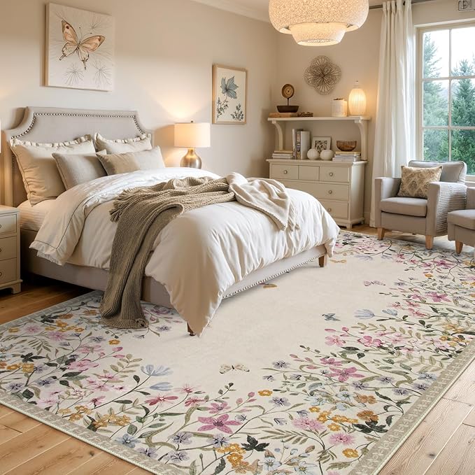 Wonnitar Washable 5x7 Rug for Living Room, Floral Print Large Bedroom Area Rug, Non-Slip Dining Table Throw Mat, Botanical Area Rug Carpet for Entry Basement Dorm (Beige,5'x7')