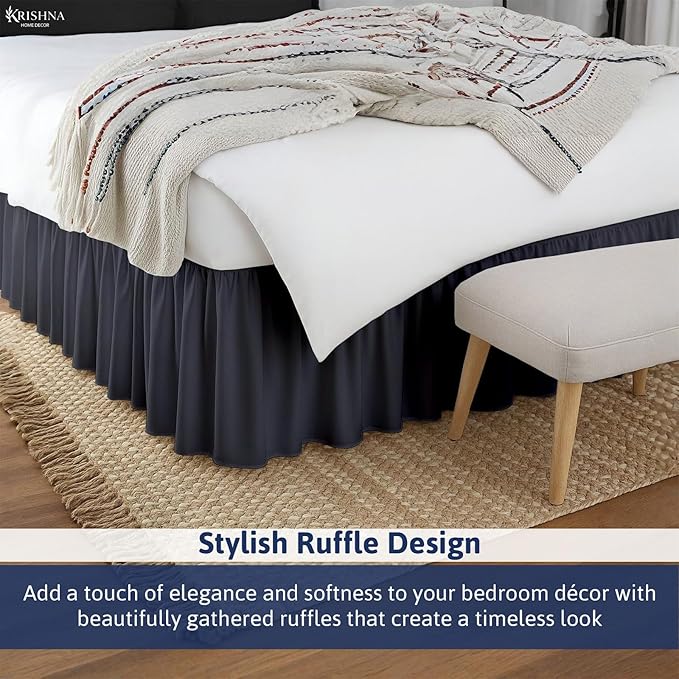 KRISHNA Ruffled Bed Skirt with Split Corners Full, 100% Microfiber Hotel Quality, 18 Inch Drop Dust Ruffle Gathered Bedskirt with Platform, 54" x 75", Dark Grey