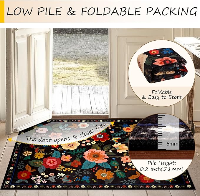 Floral 4x6 Area Rug Machine Washable Soft Print Boho Carpet Non Slip Doormat Low Pile Flower Area Rugs for Living Room Bedroom Nursery Kitchen Dining Room Indoor-Black