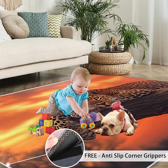 5x6 Sunrise Leopard Rugs for Office - Sunset African Savanna Living Room Carpet, Wild Animal Bedroom Area Rug Kids Low Pile Rug for Indoor Outdoor Hardwood Floors Home Decor