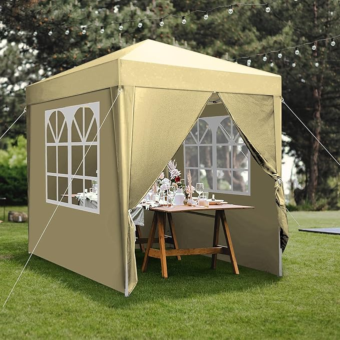 VINGLI 6.5x6.5 Pop Up Canopy Tent with Sidewalls, Outdoor Gazebo Canopy Tent, Patio Event Tents Outdoor Event Shelter for Parties (Khaki)