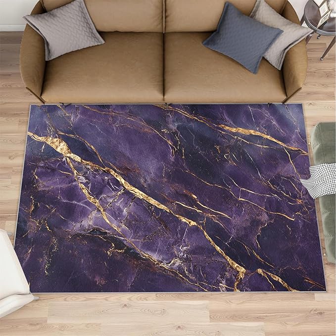 3x5 Abstract Marble Dorm Rug - Purple-Marble Small Rugs for Bedroom, Luxury Stone Pattern Area Rug Washable Non Slip for Bedroom Kitchen Living Room Entryway