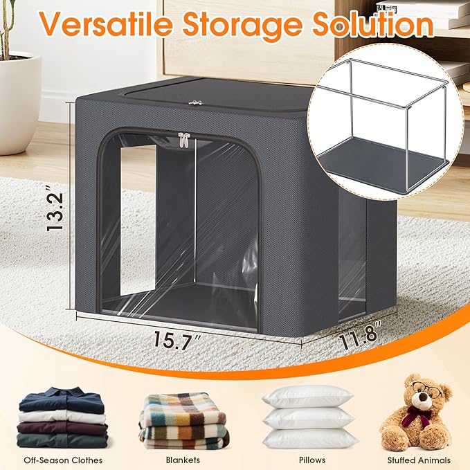 4 Pack Clothes Storage Bins with Metal Frame, 40L Foldable Fabric Storage Boxes with Clear Window, Front & Top Zipper Openings, Stackable Organizer Bins with Handles for Closet & Bedroom (Light Grey)