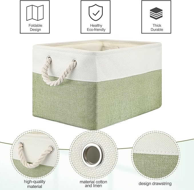 meekoo 8 Pack Collapsible Storage Bins Fabric Storage Bins Polyester Fabric Baskets with Handles Linen Closet Organizer for Shelf Home Closet Towels Toys(15 x 11 x 9.5 in,Green White)