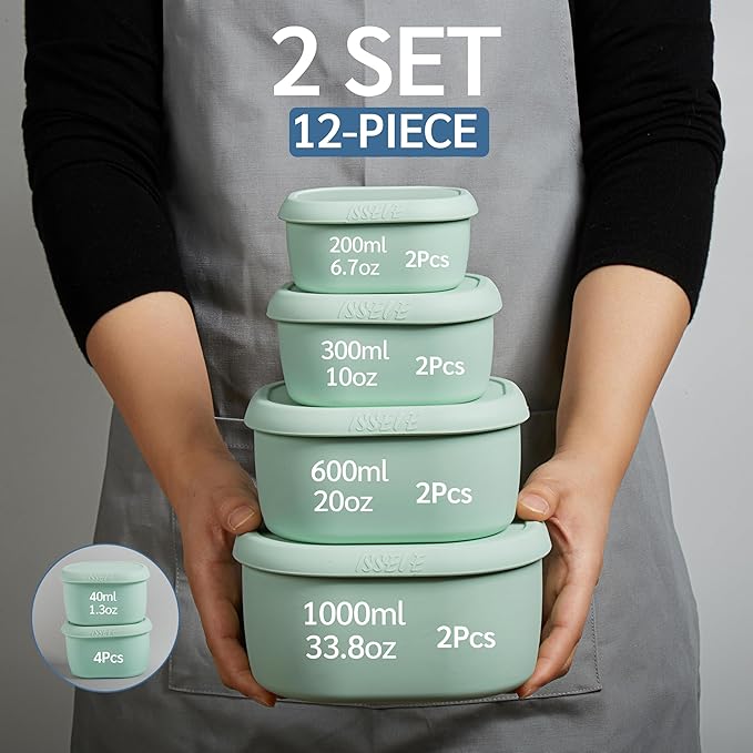 ISSEVE 12Pcs/Set Nesting Silicone Food Storage Containers with Lids, BPA Free Reusable Meal Prep Silicone Containers Airtight, Freezer Dishwasher Safe (33.8oz, 20oz, 10oz, 6.7oz, 1.3oz) (Green)