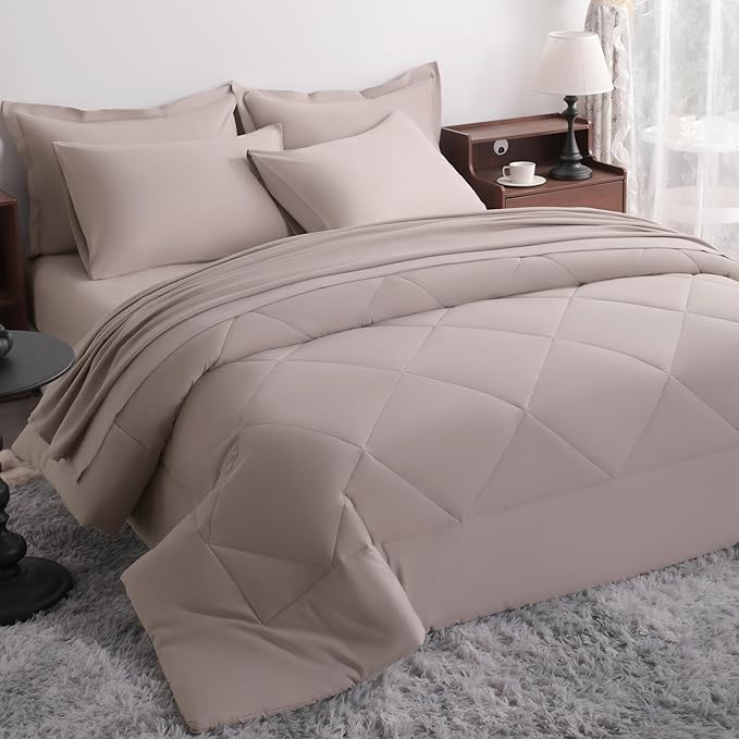 NTBAY King Comforter Set with Sheets, 7 Pieces Soft and Breathable King Bedding Set, Bed in a Bag, Down Alternative Comforter Set Solid Color All Season, King Bedding Set, Taupe
