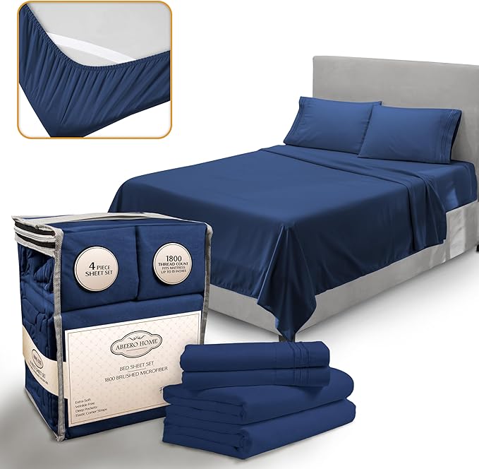 California King Sheet Set - Luxury Hotel Bed Sheet - Soft Cooling Sheets with Elastic Corner Straps - Deep Pocket Microfiber - Bedding Sheets & Pillowcases -4PC (Cal King Size, Navy Blue)