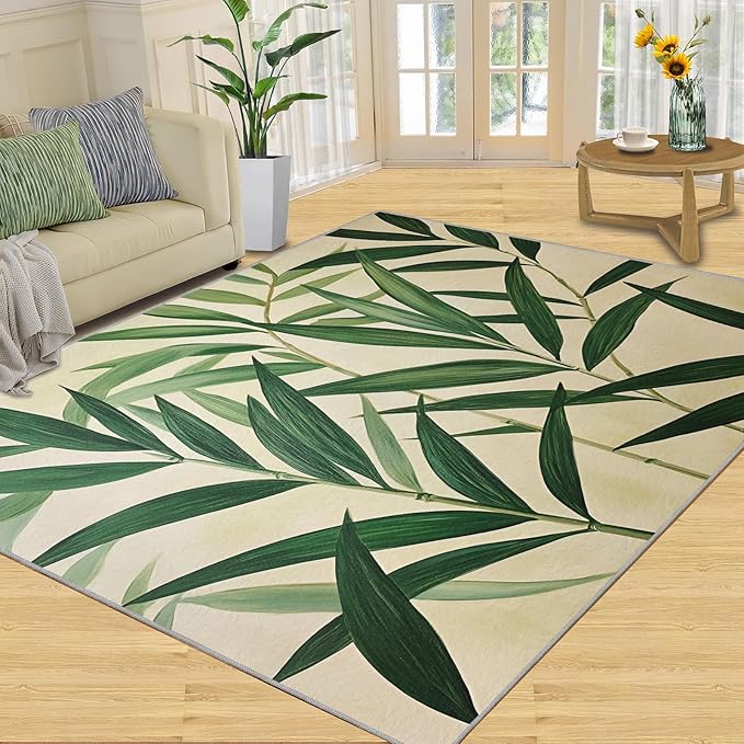 3x6 Bamboo Leaves Bedroom Rug Under Bed - Realistic Botanical Art Kids Room Rugs, Minimalist Leaves Bedroom Runner Rug Soft Washable for Living Room Kitchen