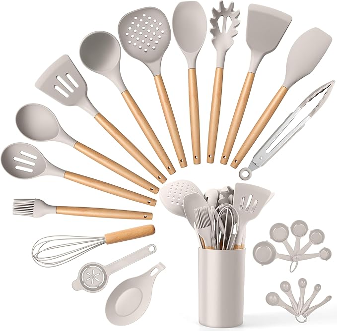 E-far Silicone Kitchen Utensils Set with Holder, 25-Piece Cooking Utensil Set with Wooden Handle for Nonstick Cookware, 446°F Heat Resistant Kitchen Tool Spatula Tong Whisk, Non-toxic & Healthy, Khaki
