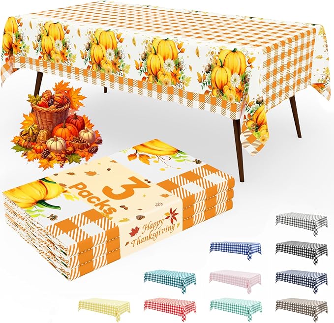 Smiry 3 Pack Gingham Disposable Table Cloth, 54 x 108 Inch Waterproof Plastic Tablecloth, Rectangle Orange Checkered Pumpkin Table Covers for Thanksgiving, Harvest, Birthday, Party