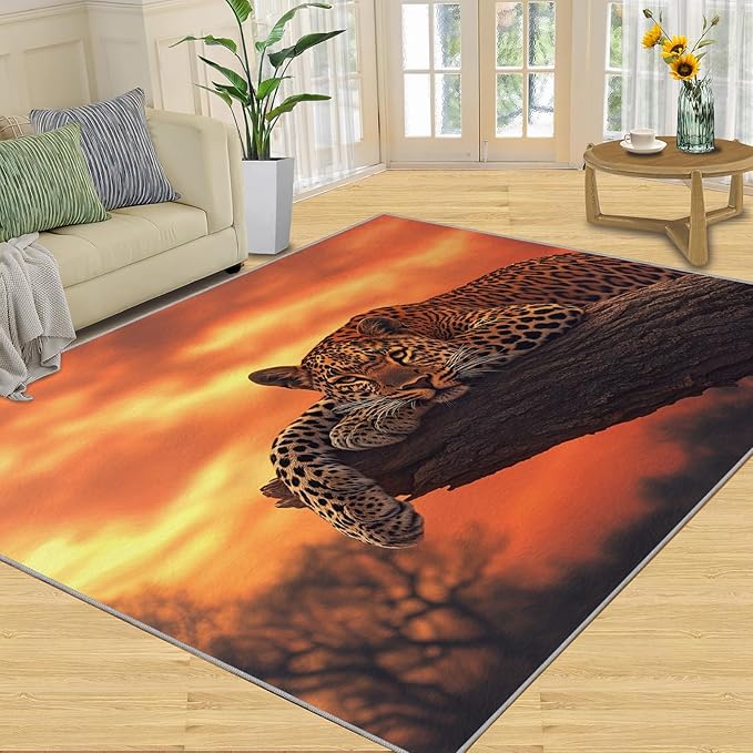 5x6 Sunrise Leopard Rugs for Office - Sunset African Savanna Living Room Carpet, Wild Animal Bedroom Area Rug Kids Low Pile Rug for Indoor Outdoor Hardwood Floors Home Decor