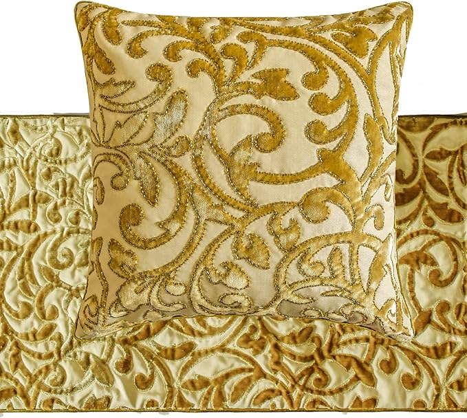 The HomeCentric King/Queen/Twin Beige Gold Decorative Bed Runner Queen 74"x18" Bed Runner Without Pillow Cover, Cut Velvet, Beaded Bed Scarf on Velvet Fabric - Serene Symphony
