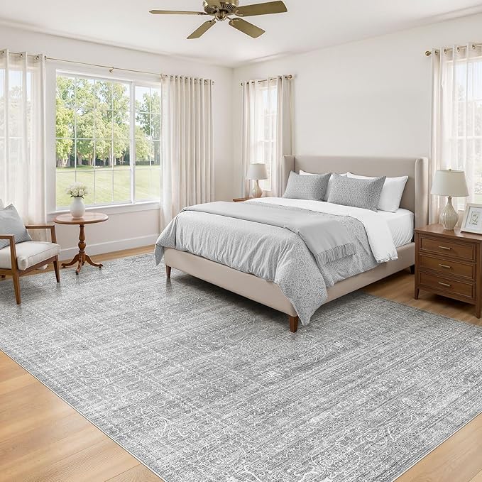 7x9 Area Rug Living Room: Washable Large Vintage Grey Rug Neutral Non-Slip Soft Stain Resistant Indoor Carpet for Bedroom Nursery Dining Room Under Table Bed Home House Office Playroom