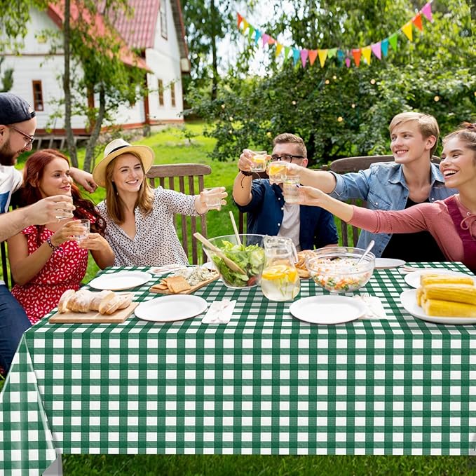 12Pack Dark Green Plastic Checkered Tablecloth, Premium Decorative Disposable Green Gingham Plaid Table Cloths for Parties, Rectangle Party Table Cover for Picnic Farm Birthday Wedding, 54x108 Inch