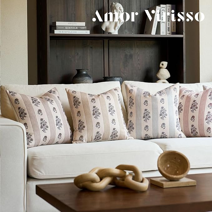 Amor Virisso Floral Throw Pillow Covers 20x20 Set of 2 Block Print Pillow Covers Neutral Floral Striped Farmhouse Decorative Pillow Covers for Sofa Couch Bed, Yellow