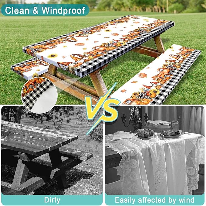 Fall Picnic Table Cover with Bench Covers, Camping Essentials, Buffalo Plaid Thanksgiving Pumpkin Waterproof Windproof, Fitted Tablecloth Cover with Elastic Edge, Indoor & Outdoor, 3 PCS, 30x96 Inch
