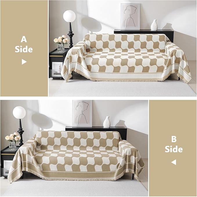 MEETSKY Couch Cover Modern Khaki White Plaid Jacquard Sofa Slipcover U Shape Sofa Protector for 3 Cushion Couch Sofa, Chenille Sofa Couch Coverfor Dogs Kids, 91" X134", Khaki Checkerboard