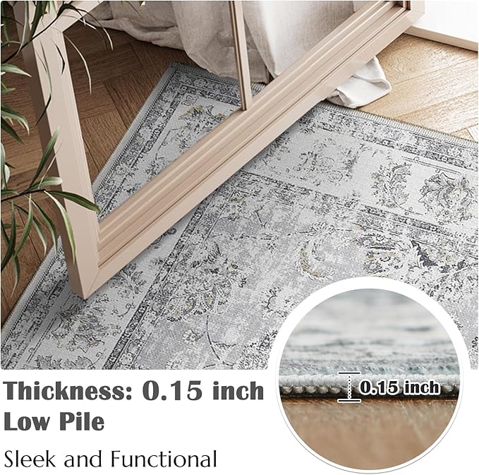jinchan Fiora 8x10 Area Rugs for Living Room - Machine Washable Vintage Floral Distressed Design Stain Resistant Boho Carpet Low Pile Non-Slip Rug for Bedroom Dining Room Home Office (8‘x10', Grey)