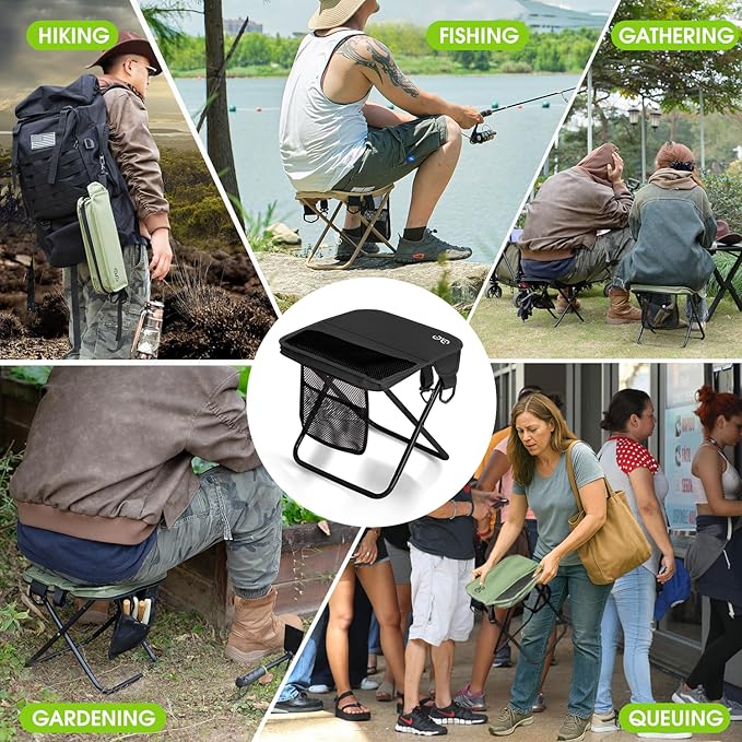 Camping Stool Upgraded Foldable Stool, Aluminum Alloy Bracket, 6 Ways to Carry Portable outdoorfolding Chair with Pocket for Queuing, Fishing,Hiking Tours, BBQ, Parties, Outdoor Camping Accessories