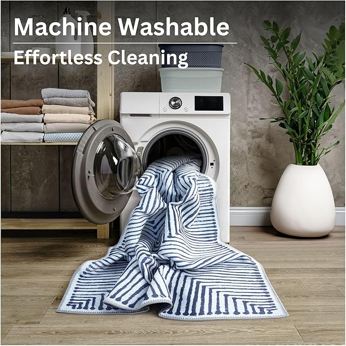 Bloom Rugs Washable Non-Slip 12 ft Runner - Blue/Ivory Striped Runner for Entryway, Hallway, Bathroom, and Kitchen - Exact Size: 2.5' x 12'