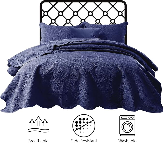 IR Imperial Rooms King Quilt Bedding Set Size (106" x 96") + 2 Pillow Shams (20" x 36"+ 2") - 3 Pcs All Season Lightweight Reversible Microfiber Coverlet Floral Embossed Quilt Bedspread (Blue)
