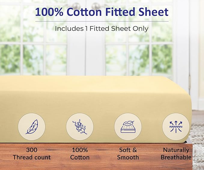 ROYALE LINENS 300 Thread Count 100% Long Staple Combed Cotton Fitted Sheet Queen - Super Soft Deep Pocket Bottom Sheet - Fitted Sheets Only - Elastic Sheets (Queen, Light Yellow)