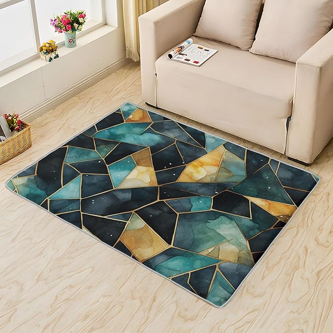 Blue and Gold Rug, 7x9 Rug, Watercolor Art Rugs for Living Room Bedroom, Luxury Large Area Rug, Washable Rug Non Slip Soft Indoor Carpet, Blue and Gold Home & Room Decor