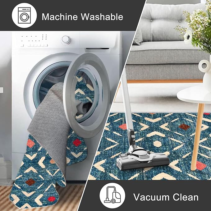 KILOCOCO Kitchen Runner Rug 2x6 Washable Runner Rug Soft Hallway Runners Non Slip Printed Distressed Laundry Room Rugs, Low-Pile Runners for Entryway Bedroom Living Room, Teal/Blue