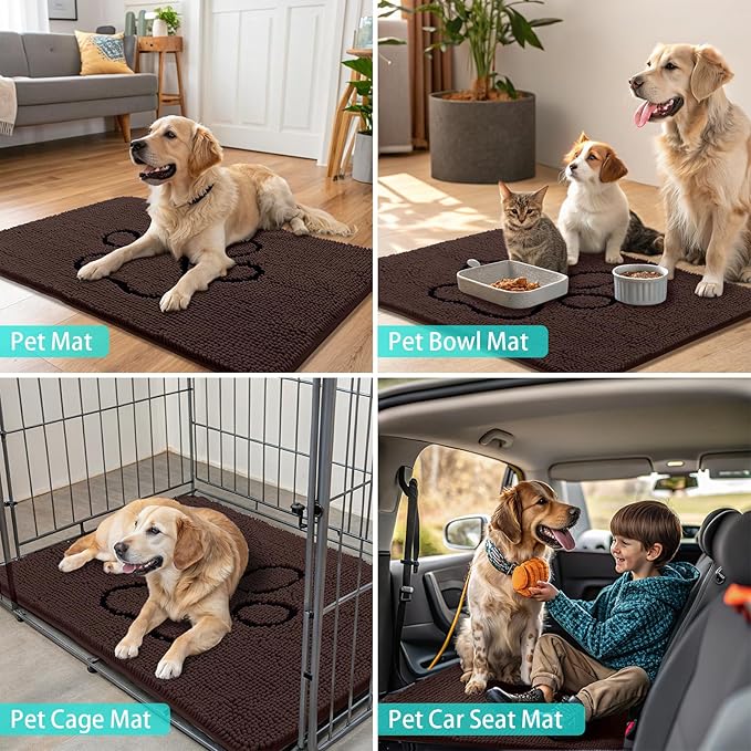 Smiry Dog Door Mat for Muddy Paws, Absorbent Dirt Trapper Non Slip Quick Dry Washable Chenille Mat for Mud Dogs, Entry Rug for Indoor and Outdoor (30x20 Inches, Brown and Black)