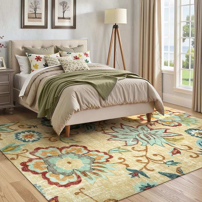 Lahome Floral Washable Rug for Living Room - Area Rugs 5x7 Non-Slip Lightweight Bedroom Throw Soft Kid Room Nursery Carpet, Boho Beige Paisley Print Indoor Carpet for Office Dining Room Kitchen