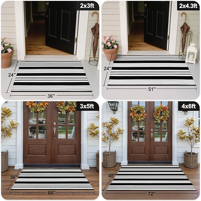 OJIA Black and White Outdoor Rug 4'x6' Cotton Woven Patio Rug Machine Washable Front Door Mat Outdoor Area Rugs Floor Mat for Farmhouse/Front Porch/Balcony/Entryway/Deck/Home Entrance Decor