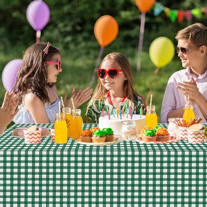 12Pack Dark Green Plastic Checkered Tablecloth, Premium Decorative Disposable Green Gingham Plaid Table Cloths for Parties, Rectangle Party Table Cover for Picnic Farm Birthday Wedding, 54x108 Inch