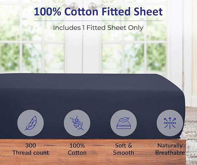 ROYALE LINENS 300 Thread Count 100% Long Staple Combed Cotton Fitted Sheet Twin - Super Soft Deep Pocket Bottom Sheet - Fitted Sheets Only - Elastic Sheets (Twin, Navy)