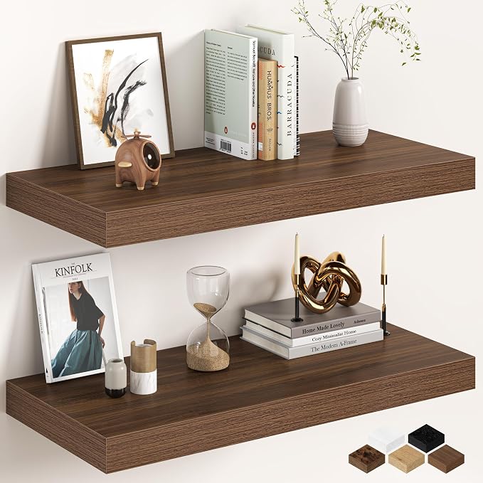 30Inch Walnut Floating Shelves for Wall, 12 Inch Deep Shelves for Bedroom