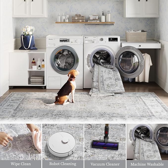 jinchan Fiora Runner Rug 2x6 Machine Washable Hallway Rug Grey Vintage Floral Print Non-Slip Low Pile Ultra-Thin for Kitchen, Entryway, Laundry Room, Bedroom, Farmhouse (2‘x6’, Grey)
